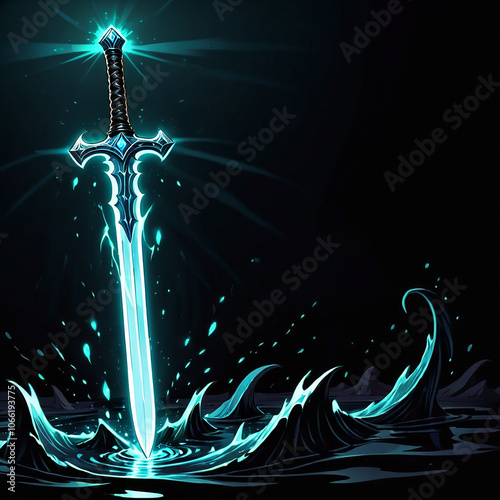 A glowing blue sword with intricate details pierces through a dark, rippling body of water, emitting shimmering particles. The sword is positioned vertically, its tip pointing upwards, with waves surr photo