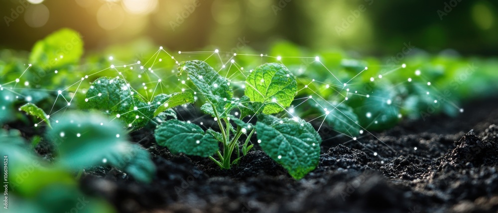 Green Plant with Connected White Lights in a Field