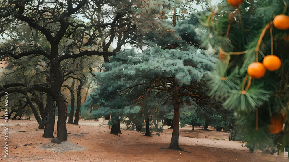Fototapeta premium Scenic view of a forest featuring lush green trees and a sandy path, with festive orange ornaments hanging from a branch, creating a vibrant natural and seasonal atmosphere.