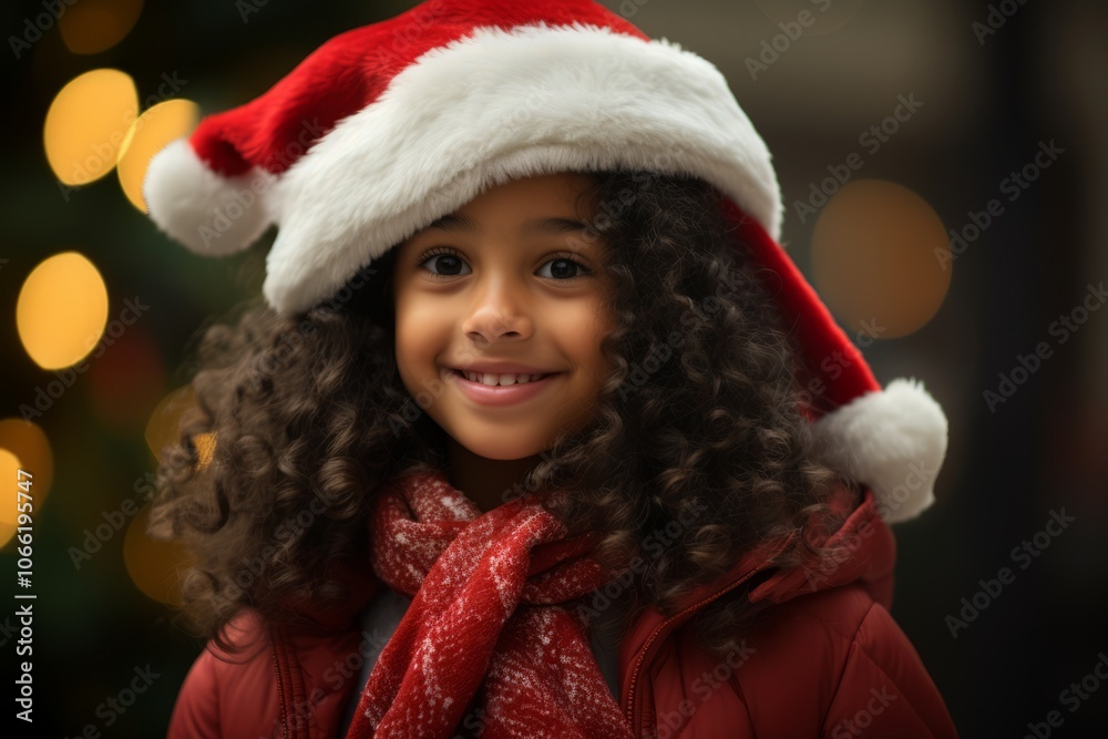 christmas, holidays and people concept - smiling african american girl in santa helper hat over lights background