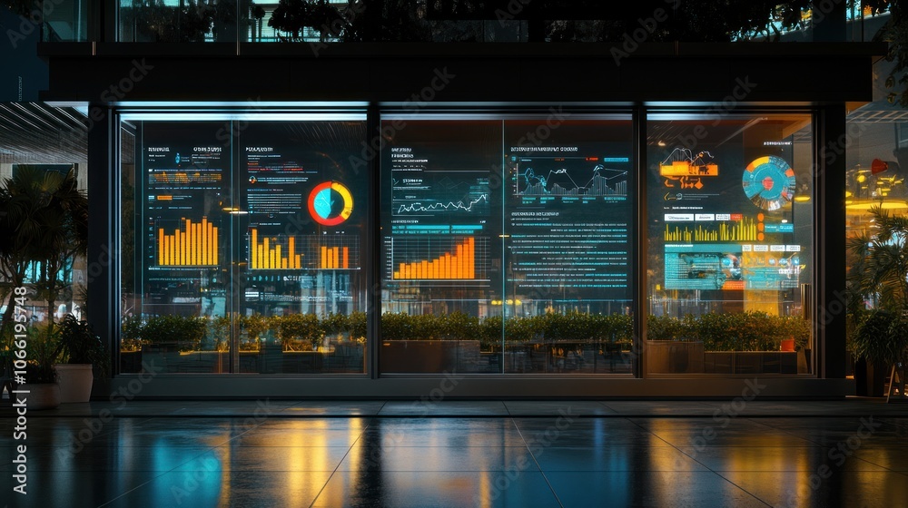 Illuminated Storefront with Digital Data Displays and Reflections Illuminated Storefront with Digital Data Displays and Reflections