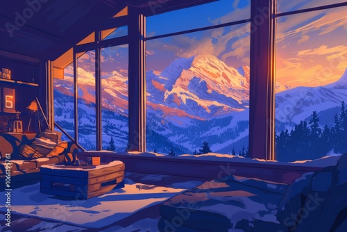 Ski lodge library with a reading nook and snow falling outside. Cozy vibe, Generative AI