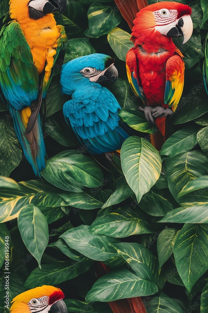 Obraz premium Colorful parrots perched on branches in lush tropical foliage.