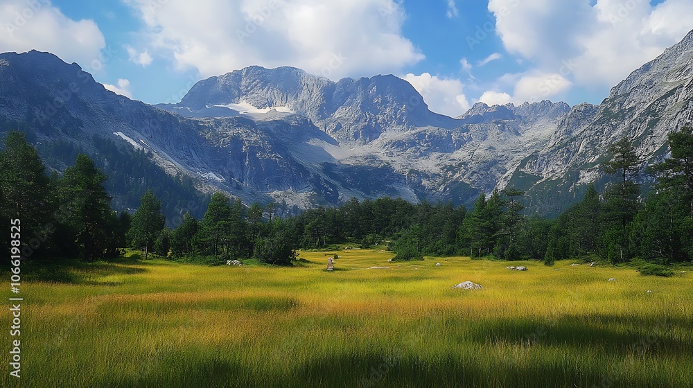 Mountainous Landscape with a Grassy Meadow and a Patch of Snow Mountainous Landscape with a Grassy Meadow and a Patch of Snow