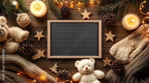 Winter letter board surrounded by cozy decor with teddy bear, candles, pine branches, and wooden stars photo