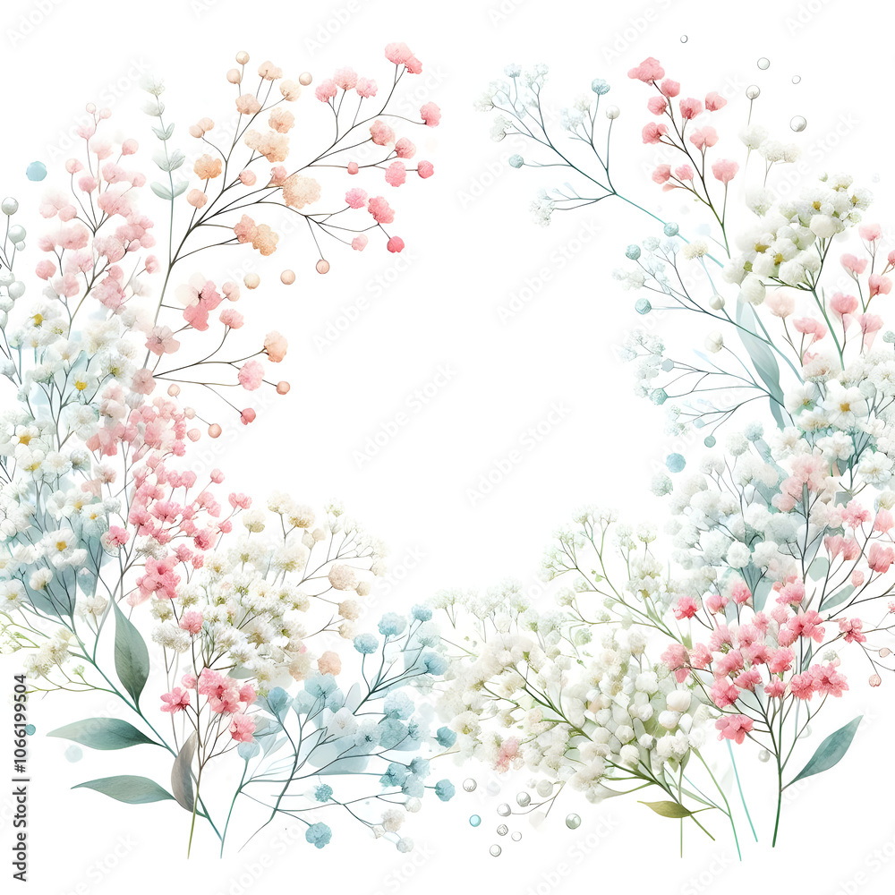 Fototapeta premium 흰 배경, 안개꽃 프레임, 테두리, 수채화 (White background, Babies' breath frame, border, water colour)