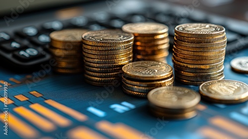 Stacks of Gold Coins on a Blue and Orange Graph Paper Background photo