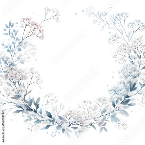 흰 배경, 안개꽃 프레임, 테두리, 수채화 (White background, Babies' breath frame, border, water colour)