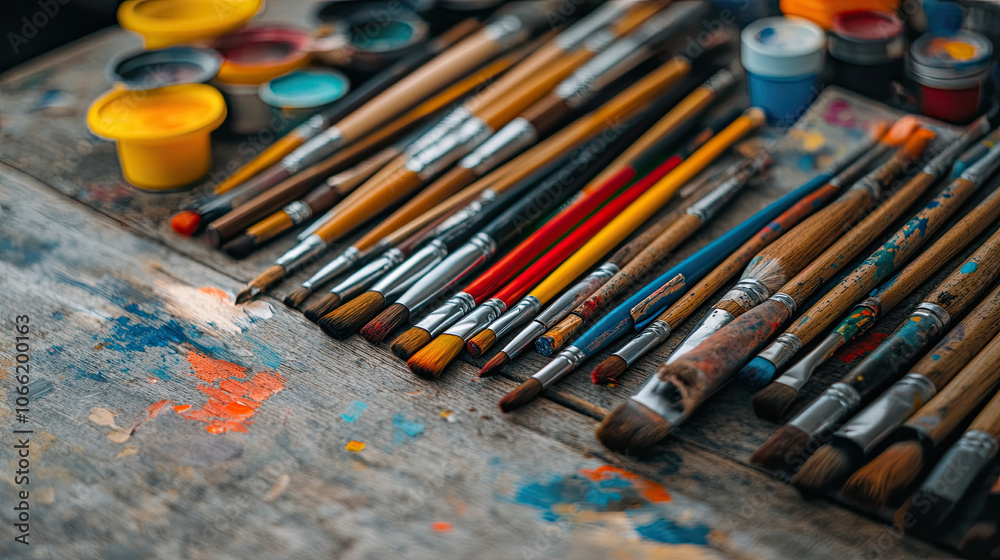 Fototapeta premium Aesthetic display of various paintbrushes and colorful paint pots on wooden surface, showcasing creativity and artistic tools