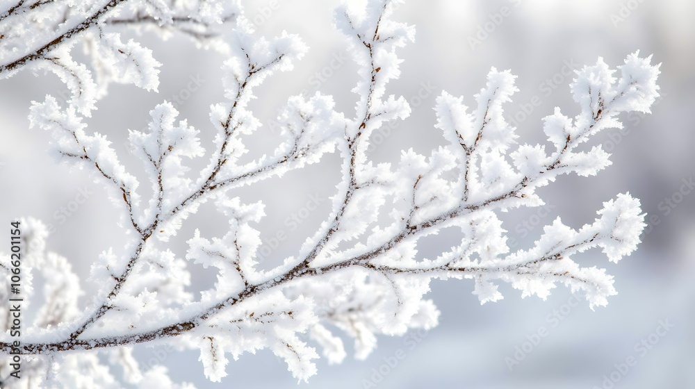 Close-up of frosted tree branches with fine layers of snow outlining each twig; the intricate details of the snow-covered branches stand out against a blurred wintery background Close-up of frosted tree branches with fine layers of snow outlining each twig; the intricate details of the snow-covered branches stand out against a blurred wintery background