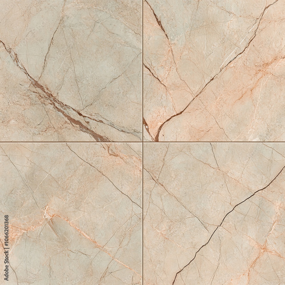 Fototapeta premium Close-up of four beige marble tiles with visible veins and grout lines.