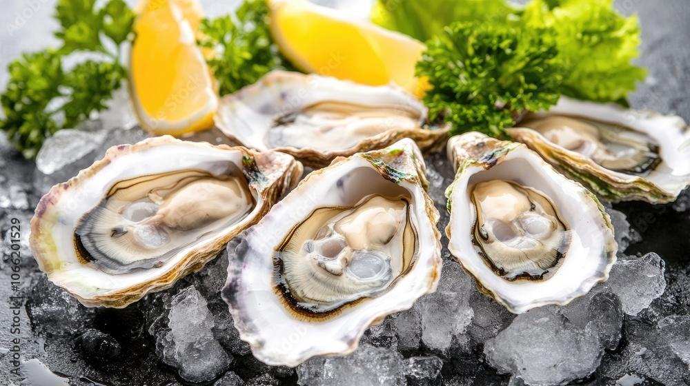 Fresh Oysters with Lemon and Green Garnish on Ice Fresh Oysters with Lemon and Green Garnish on Ice
