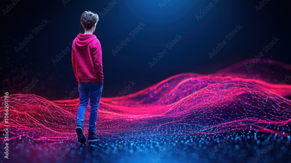 Fototapeta premium A person in a red hoodie stands in a futuristic digital landscape.