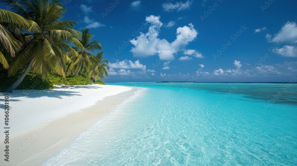 Fototapeta premium Pristine white sand beach with palm trees and turquoise water