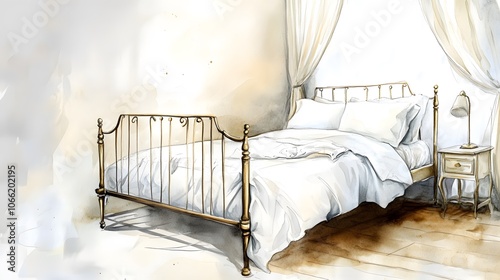 Watercolor Artistic using soft, brushy watercolor strokes, Single object picture - a wrought iron bed frame with soft white linens