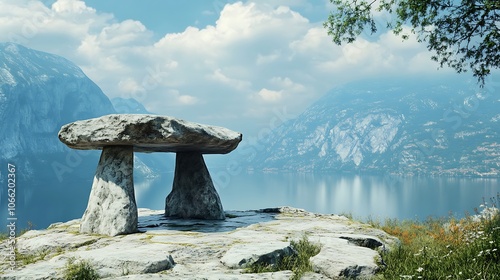 Stone Structure on a Mountain Overlooking a Lake photo