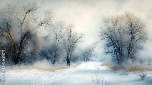 Wallpaper Mural Frost-covered trees along a quiet countryside road; footprints in the snow lead into a dense, snowy forest under an overcast winter sky, evoking a sense of solitude  Torontodigital.ca