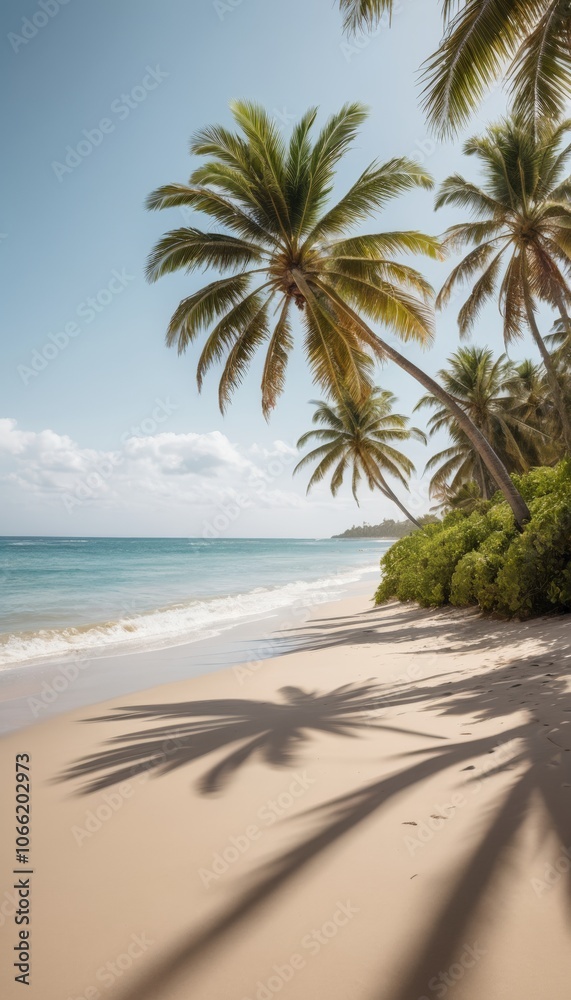 Obraz premium Tropical Beach with Palm Trees and Ocean Waves