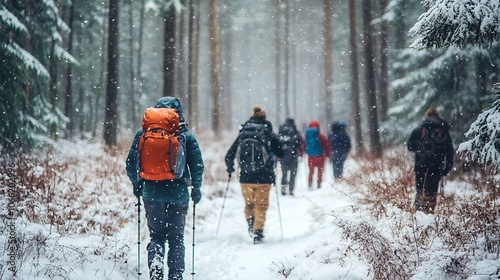 Group of hikers trekking through a snowy forest trail surrounded by tall pines; each person bundled up in winter gear as soft snow falls around them, creating an atmosphere of excitement and explor photo