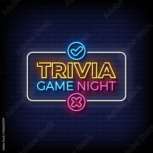 trivia game night neon sign vector with brick wall background