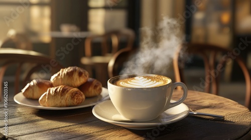 An inviting image of a cozy etting with a table featuring a cup of coffee photo