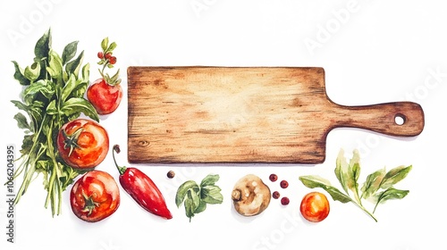 Watercolor Artistic using soft, brushy watercolor strokes, Single object picture - a simple wooden cutting board arranged beside fresh ingredients photo