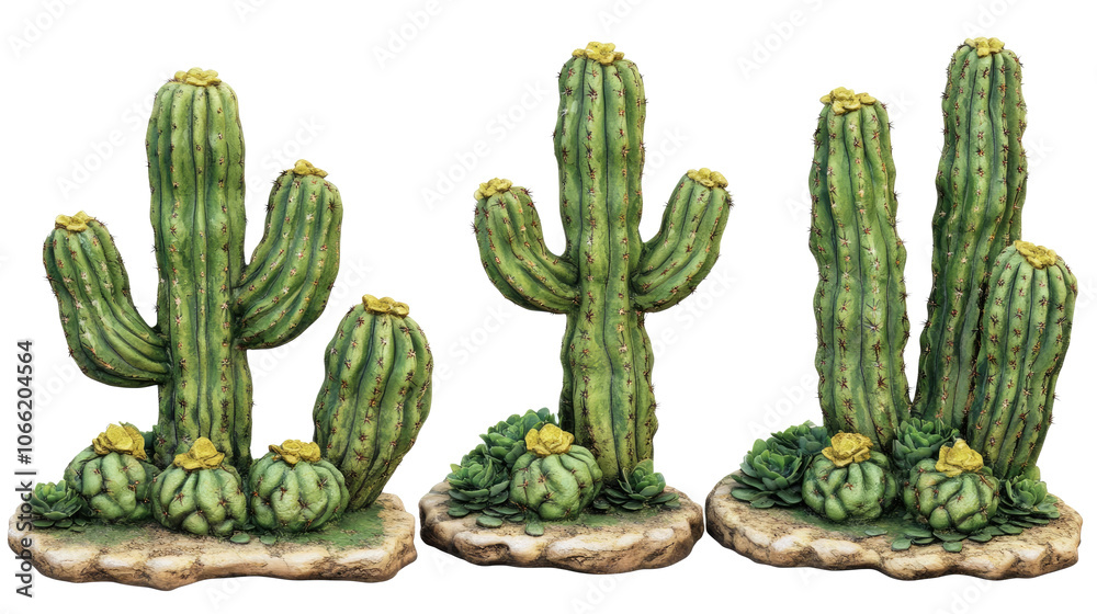 Fototapeta premium Set of Three Saguaro Cacti With Vibrant Details on a Clear Background Generative AI