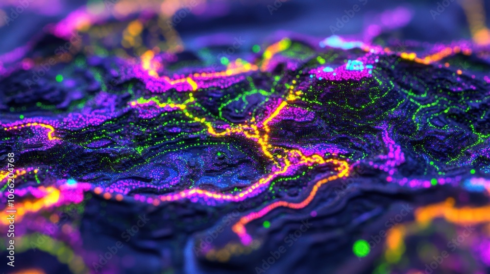 Abstract 3D Landscape with Vibrant Neon Colors and Sparkling Particles Abstract 3D Landscape with Vibrant Neon Colors and Sparkling Particles