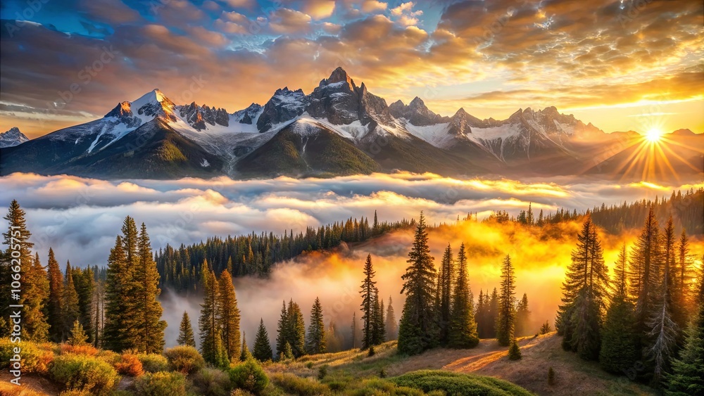 Obraz premium Golden Hour Embrace Mountain Peaks Bathed in Sunrise Light, Enveloped by a Sea of Clouds