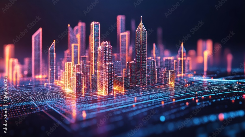 A Digital Cityscape Rendered With Illuminated Pixels