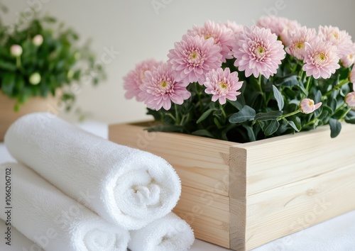 White towel, pink chrysanthemums in a wooden box, spa background