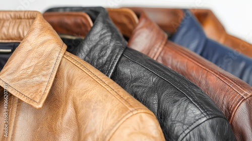 Close up of Brown  Black  and Blue Leather Jackets with Stitching photo