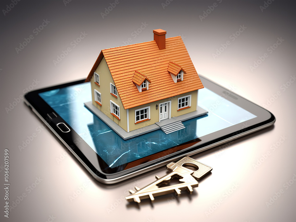 Digital Tablet Displaying Key and Paper House, Representing Innovations in Real Estate Technology Digital Tablet Displaying Key and Paper House, Representing Innovations in Real Estate Technology