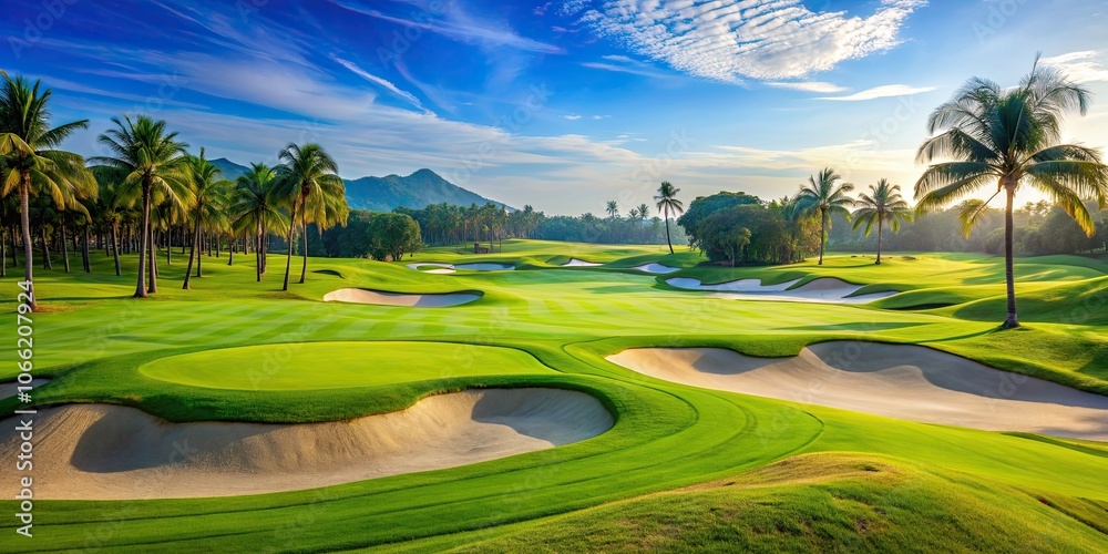 Naklejka premium Golf course in Thailand with lush green grass, sand pits bunkers, and blue sky , Thailand, golf course, lush