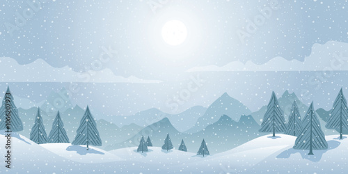 Winter landscape, mountains with forest in the fog, snowdrifts and snowfall, vector illustration	