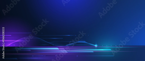 Vector abstract line pattern, neon light effect. High speed movement and motion blur over dark blue background. Illustration futuristic design. Cyber, hi tech connection technology, cyberspace concept