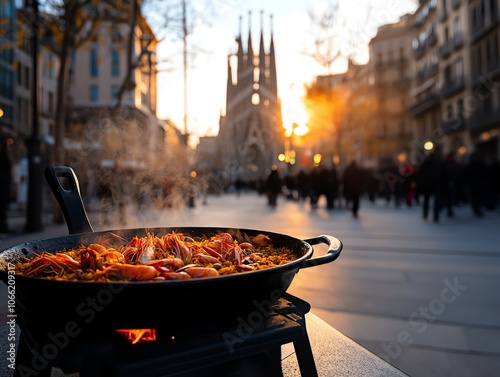 A large seafood paella in a castiron pan, in a lively Spanish plaza with Barcelonas Sagrada Familia towering nearby photo