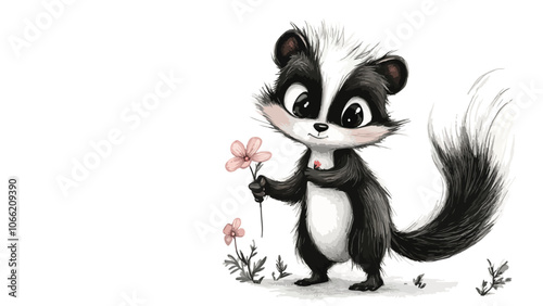 bashful cartoon skunk with a bushy tail, standing with a tiny flower in its paw, vector eps 10 file