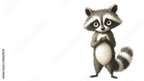 curious raccoon standing on its hind legs, with a striped bushy tail and tiny hands holding a small object