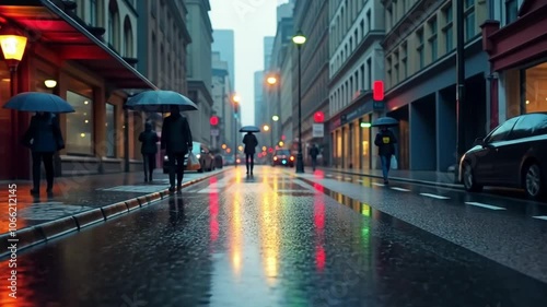 Wallpaper Mural Rainbow Reflections on a Rainy Cityscape – A rainy city street with rainbow reflections in the puddles. People in the distance add depth. Torontodigital.ca