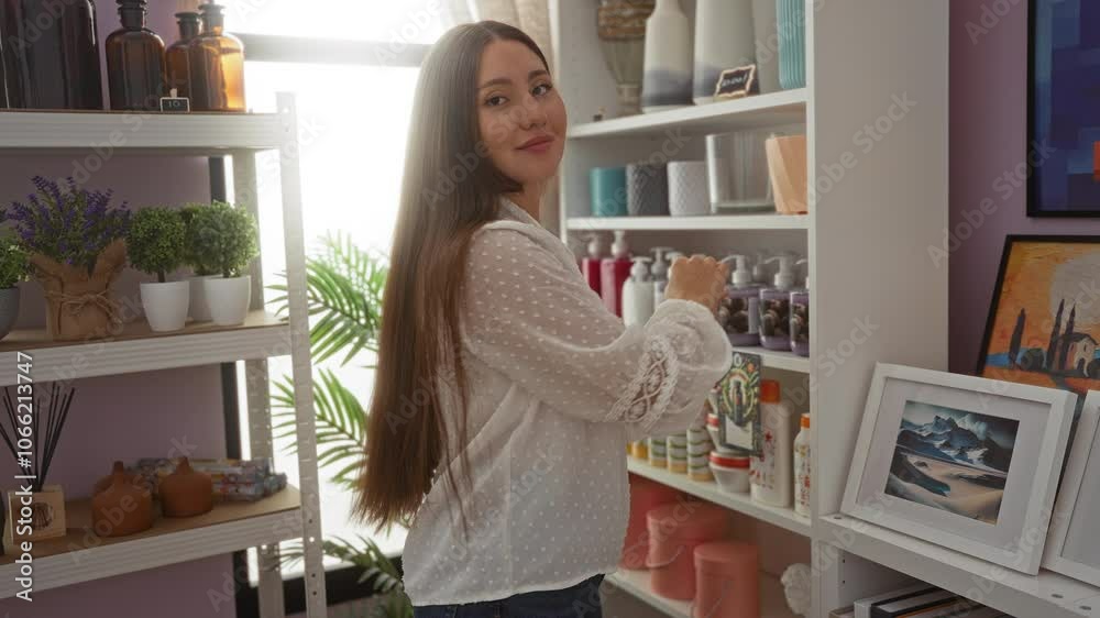 Young woman with long brunette hair smiles at the camera while crossing her arms in a beautifully decorated home decor store with various plants and art on shelves in the background Young woman with long brunette hair smiles at the camera while crossing her arms in a beautifully decorated home decor store with various plants and art on shelves in the background