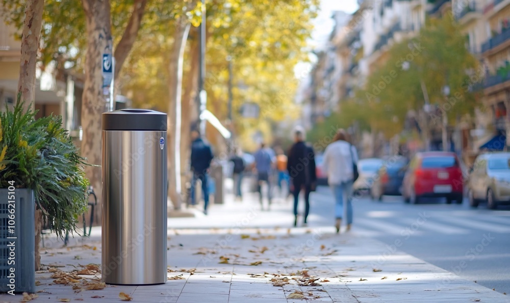 Obraz premium A silver trash can on a city sidewalk with pedestrians and cars in the background.