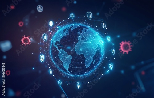 A digital globe with glowing shields and virus icons symbolizing global cybersecurity and health protection.