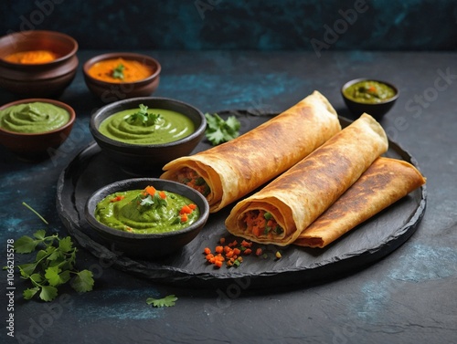 Masala Dosa on a Charcoal Slate Board with a Small Chutney Bowl photo