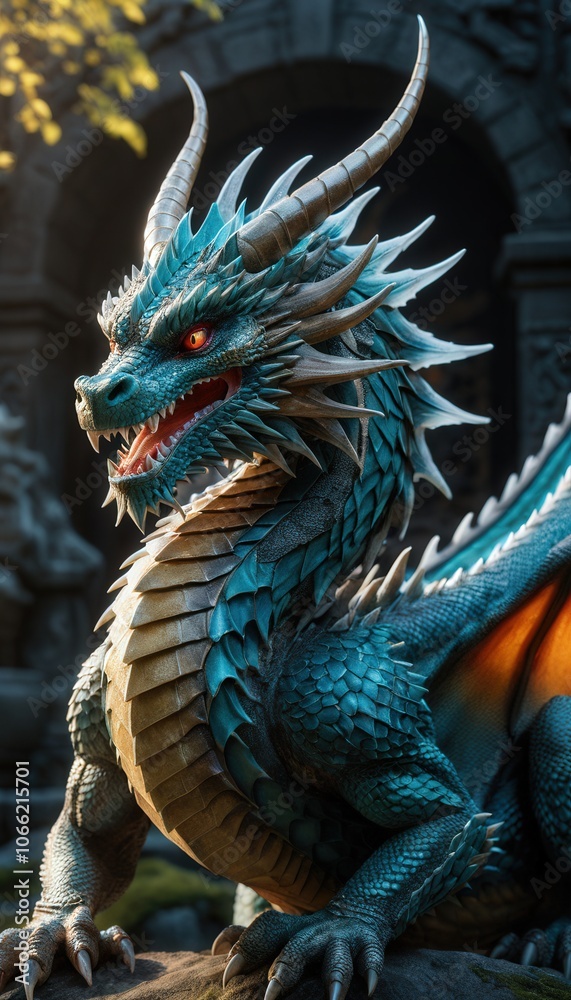 Majestic Blue Dragon with Golden Accents Mythical Creature Fantasy Art Majestic Blue Dragon with Golden Accents Mythical Creature Fantasy Art