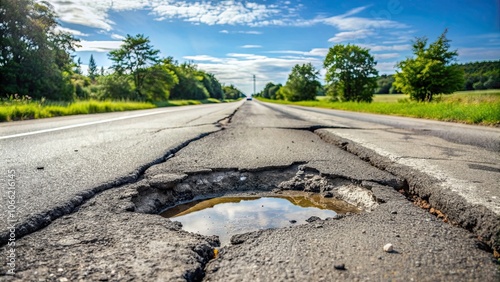 Damaged asphalt highway with deep pothole in urgent need of repair , road, damaged, asphalt, pothole, highway