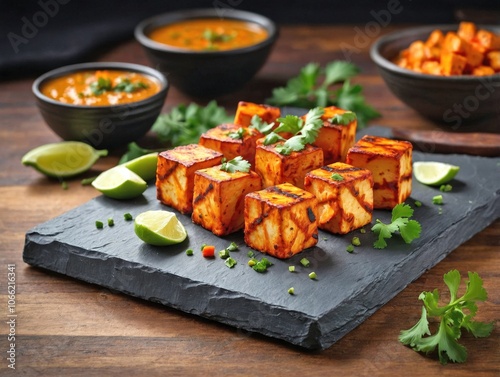 Paneer Tikka on a Slate Stone Serving Board photo