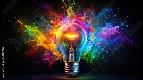 Colorful light bulb with paint explosion on dark background, vibrant, creativity, artsy, innovative, imagination