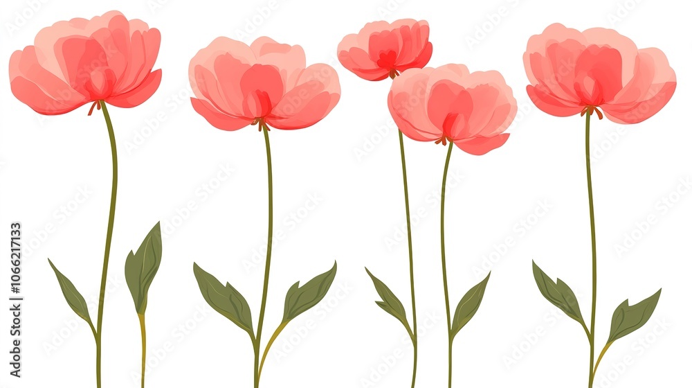 Obraz premium Flat Illustration of Peonies with Long Stems and Many-Layered Petals on White Background, Vector Illustration