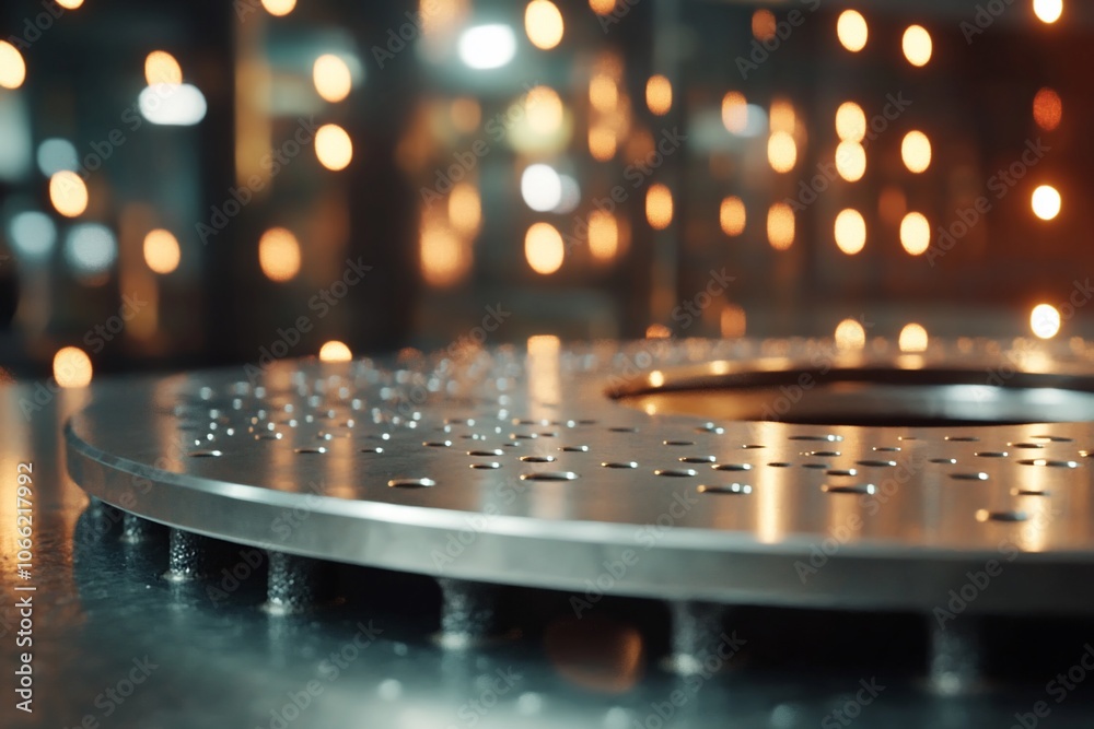 Close-up of a circular metal plate with numerous small holes and screws, illuminated by warm, blurry lights. Close-up of a circular metal plate with numerous small holes and screws, illuminated by warm, blurry lights.